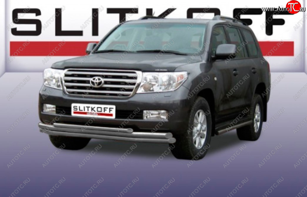 15 899 р. Защита переднего бампера Slitkoff (Ø 57+Ø 57+Ø 42, тройная).  Toyota Land Cruiser  200 (2007-2012) дорестайлинг (Сталь с полимерным покрытием. Цвет: серебристый)  с доставкой в г. Воронеж