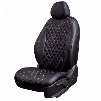 Чехлы для сидений Lord Autofashion Байрон (экокожа, 60/40, подлокотник, 3 Г-образных подголовника) Toyota RAV4  XA50 (2018-2025) 5 дв. дорестайлинг (Черный, вставка черная, строчка серая)