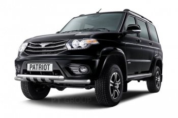 Защита переднего бампера двойная с зубьями из труб d63/63 мм Petroil Tuning Уаз Патриот 23632 1 рестайлинг пикап (2014-2016) (Нержавеющая полированная сталь)