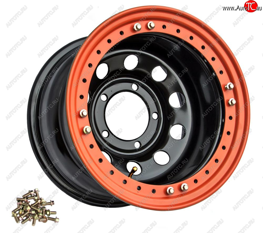 17 349 р. Штампованый диск OFF-ROAD Wheels (стальной усиленный с бедлоком, круг - черный/оранжевый). 10.0 x 16    с доставкой в г. Воронеж