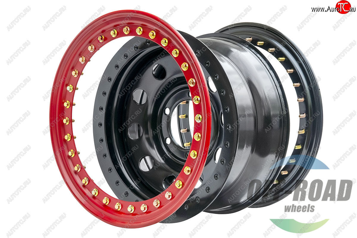 15 349 р. Штампованый диск OFF-ROAD Wheels (стальной усиленный с двойным бедлоком, круг - черный/красный). 8.0 x 16    с доставкой в г. Воронеж