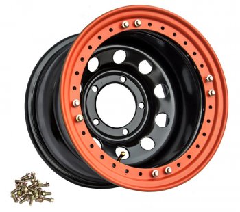 Штампованый диск OFF-ROAD Wheels (стальной усиленный с бедлоком, круг - черный/оранжевый). 10.0 x 15 