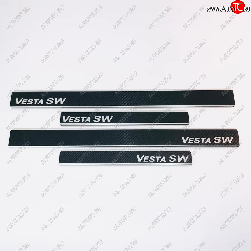 2 489 р. Накладки порожков салона INOX (SW)  Лада Веста  SW 2181 (2017-2025) универсал дорестайлинг, универсал рестайлинг (Нержавеющая сталь + карбон)  с доставкой в г. Воронеж