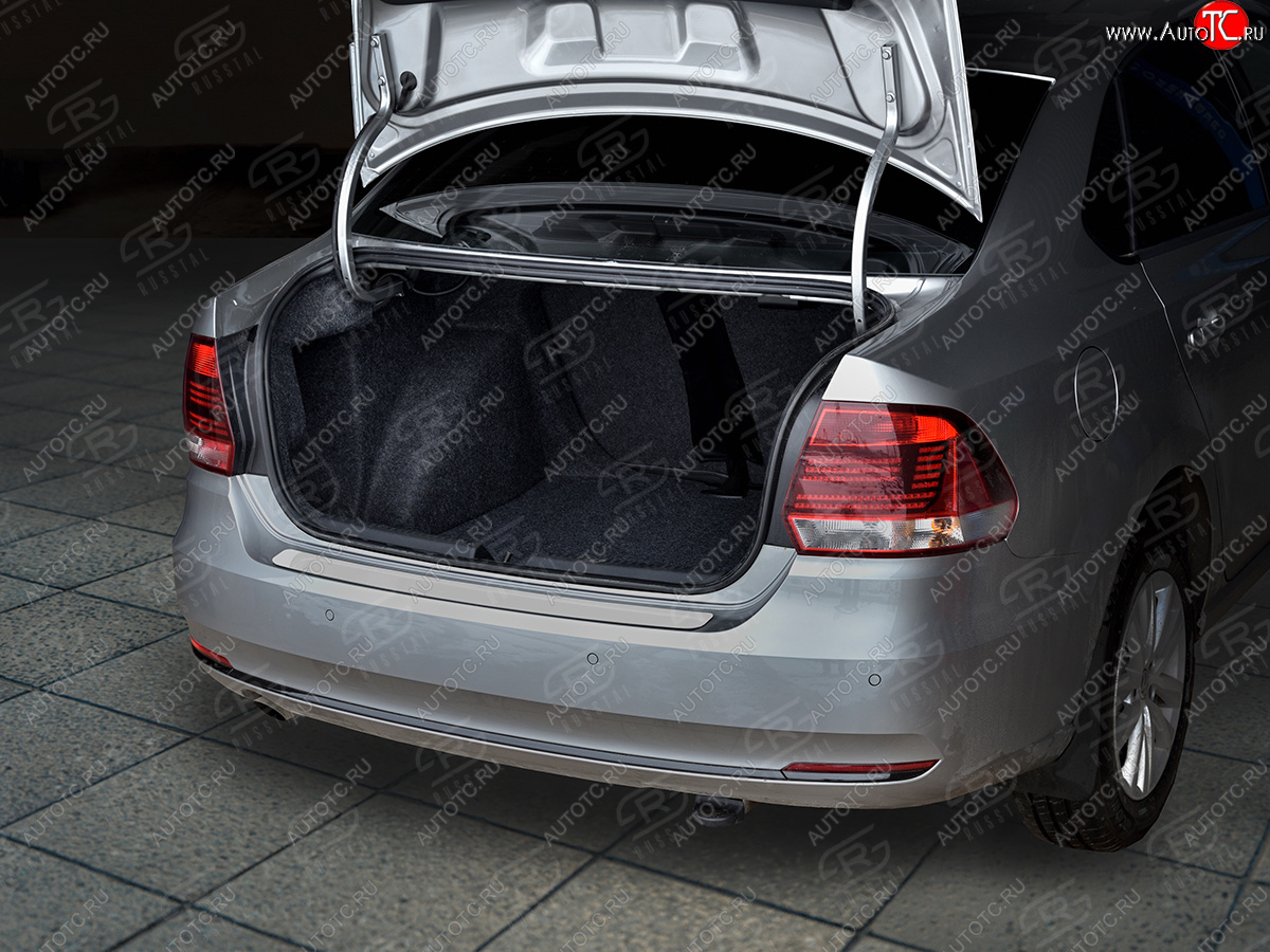 1 479 р. Защитная накладка заднего бампера Russtal Volkswagen Polo 5 седан рестайлинг (2015-2020) (Нержавейка полированная)  с доставкой в г. Воронеж