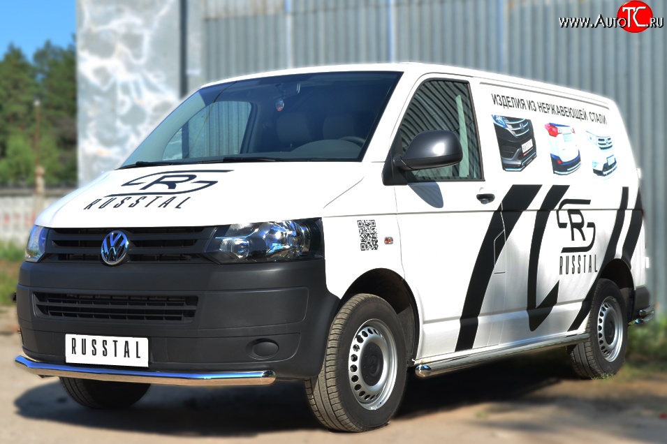71 999 р. Левая защита порогов из круглой трубы диаметром 63 мм Russtal Volkswagen Transporter T6 дорестайлинг (2015-2019) (Защита порогов с со скосами на торцах (вариант 1))  с доставкой в г. Воронеж
