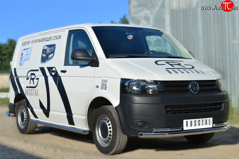 71 999 р. Правая защита порогов из круглой трубы диаметром 63 мм Russtal Volkswagen Transporter T6 дорестайлинг (2015-2019) (Защита порогов с со скосами на торцах (вариант 1))  с доставкой в г. Воронеж