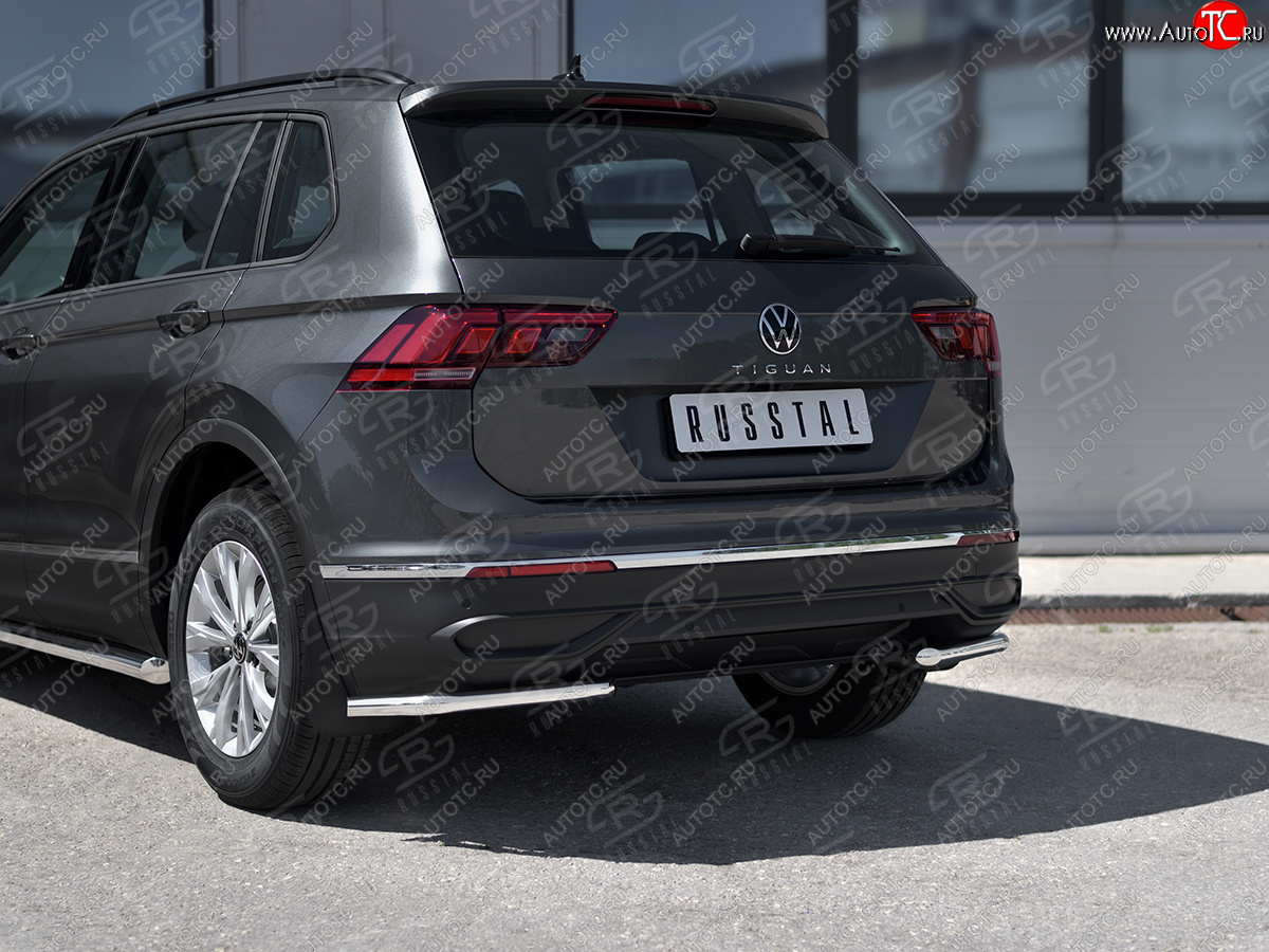 12 699 р. Защита заднего бампера (Ø42 мм уголки, нержавейка, NOT R-LINE) SLITKOFF  Volkswagen Tiguan  Mk2 (2020-2022) рестайлинг (полированная нержавейка)  с доставкой в г. Воронеж