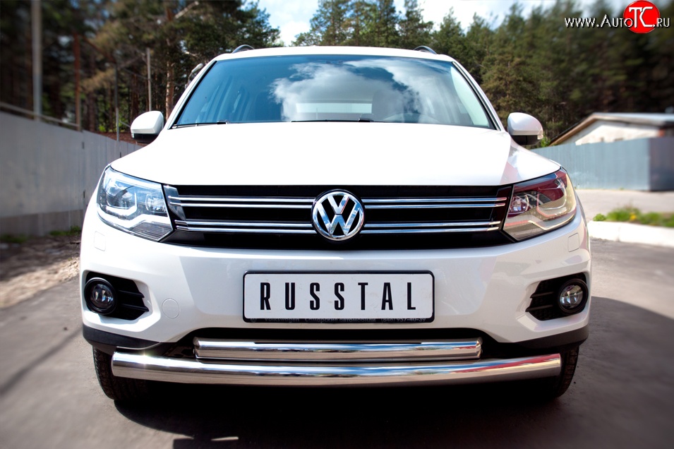 20 349 р. Защита переднего бампера (2 трубыØ76 и 63 мм, нержавейка, Track & Field) SLITKOFF Volkswagen Tiguan NF рестайлинг (2011-2017)  с доставкой в г. Воронеж