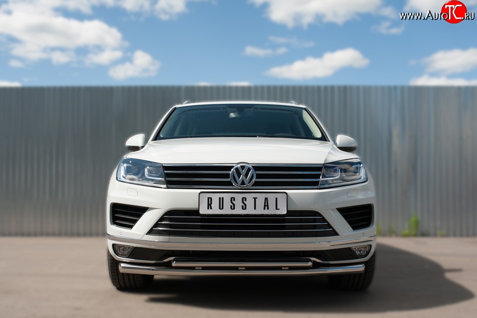 26 099 р. Защита переднего бампера (2 трубыØ63 и 42 мм, нержавейка) SLITKOFF Volkswagen Touareg 2 NF рестайлинг (2014-2018)  с доставкой в г. Воронеж