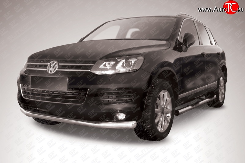 17 899 р. Одинарная защита переднего бампера диаметром 76 мм Slitkoff Volkswagen Touareg NF дорестайлинг (2010-2014) (Цвет: нержавеющая полированная сталь)  с доставкой в г. Воронеж