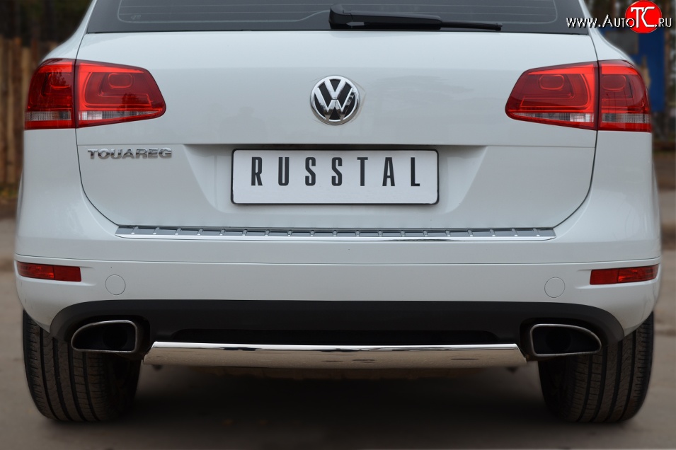 16 849 р. Защита заднего бампера (Ø75x42 мм, нержавейка) Russtal Volkswagen Touareg NF дорестайлинг (2010-2014)  с доставкой в г. Воронеж